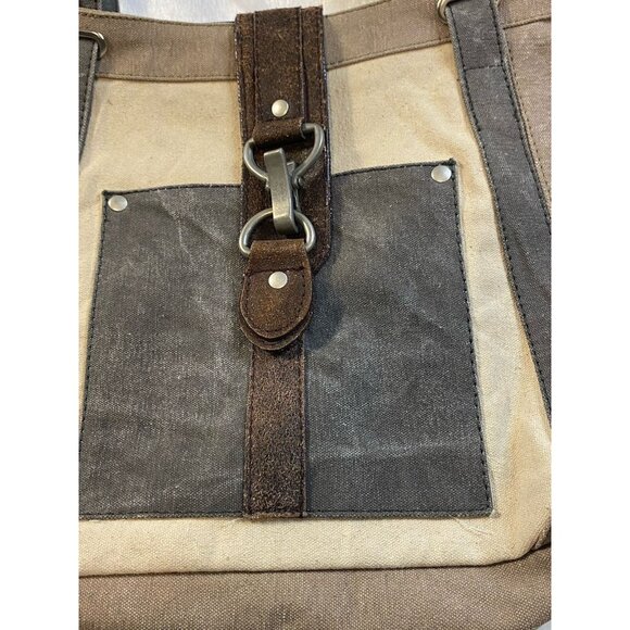 Mona B Nora Canvas Leather Shoulder Bag Distressed Canvas Magnetic Zip Closure - Picture 2 of 12